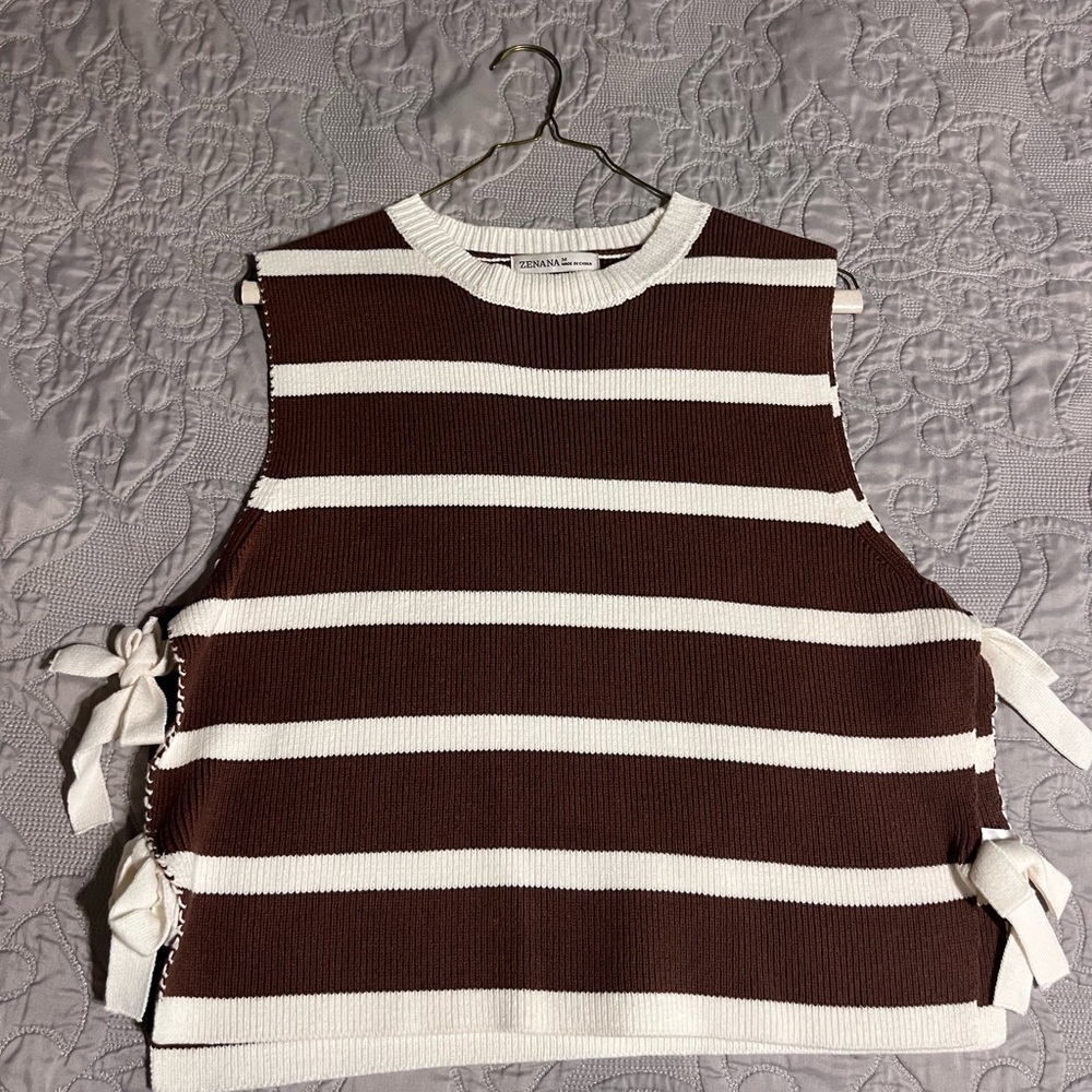 Zenana Brown & White Striped Tie-Side Knit Sweater Tank